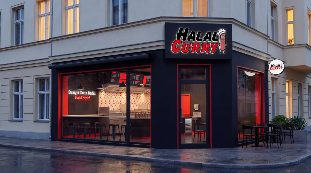 Rendering: Halal-Curry-Laden im Format M von außen