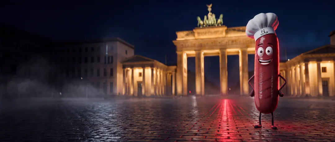 Das Halal-Curry-Maskottchen steht nachts vor dem Brandenburger Tor.