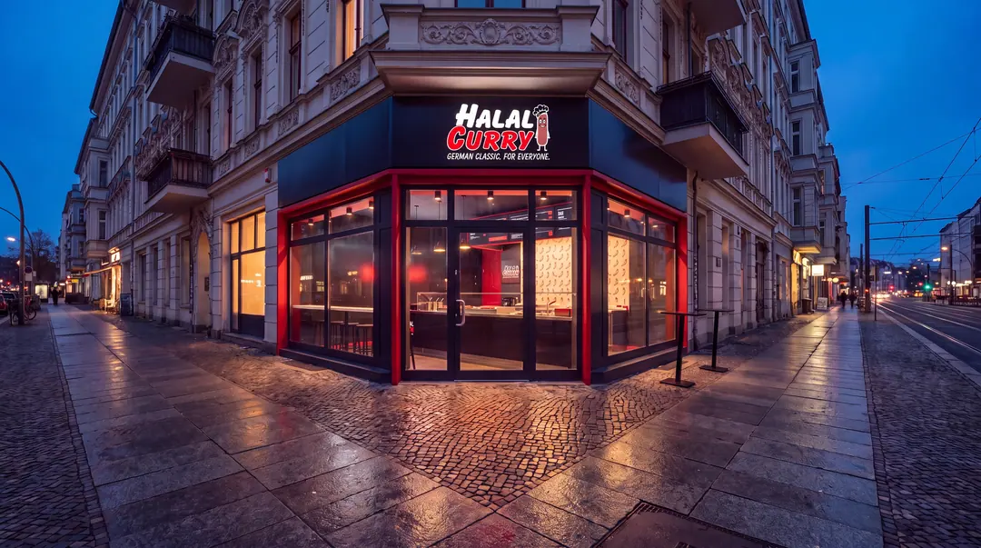 Laden von außen am Abend mit beleuchtetem Halal-Curry-Schild