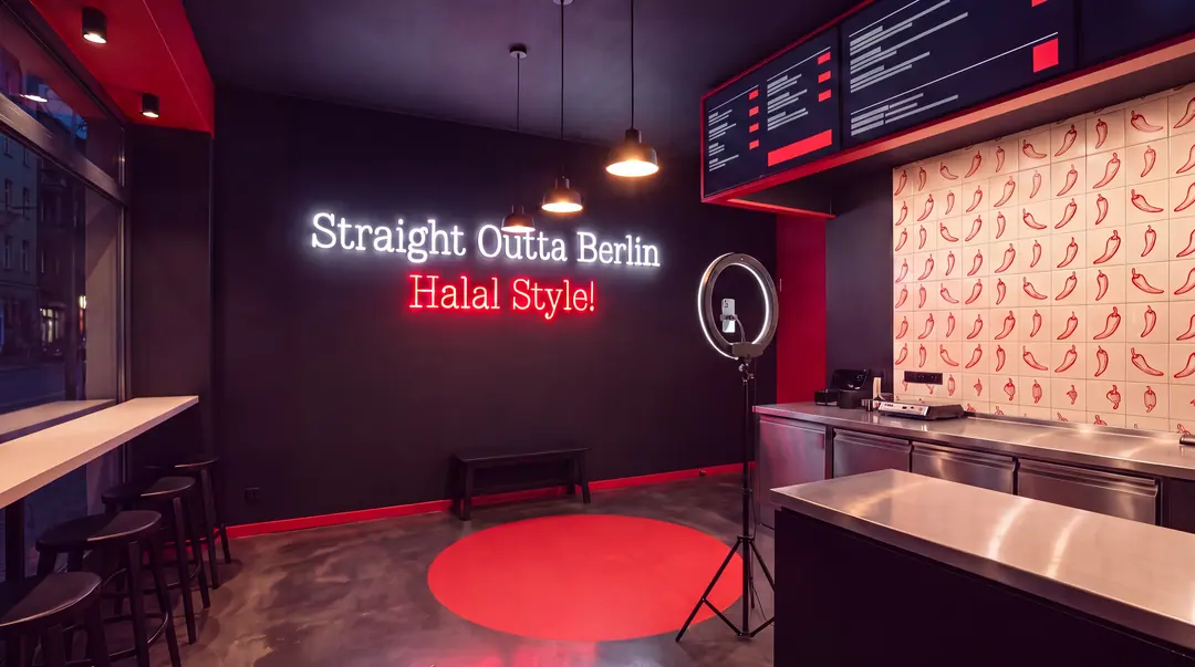 Neon-Selfie-Spot im Laden: roter Kreis am Boden, Ringlicht und der Neon-Spruch Straight Outta Berlin, Halal Style