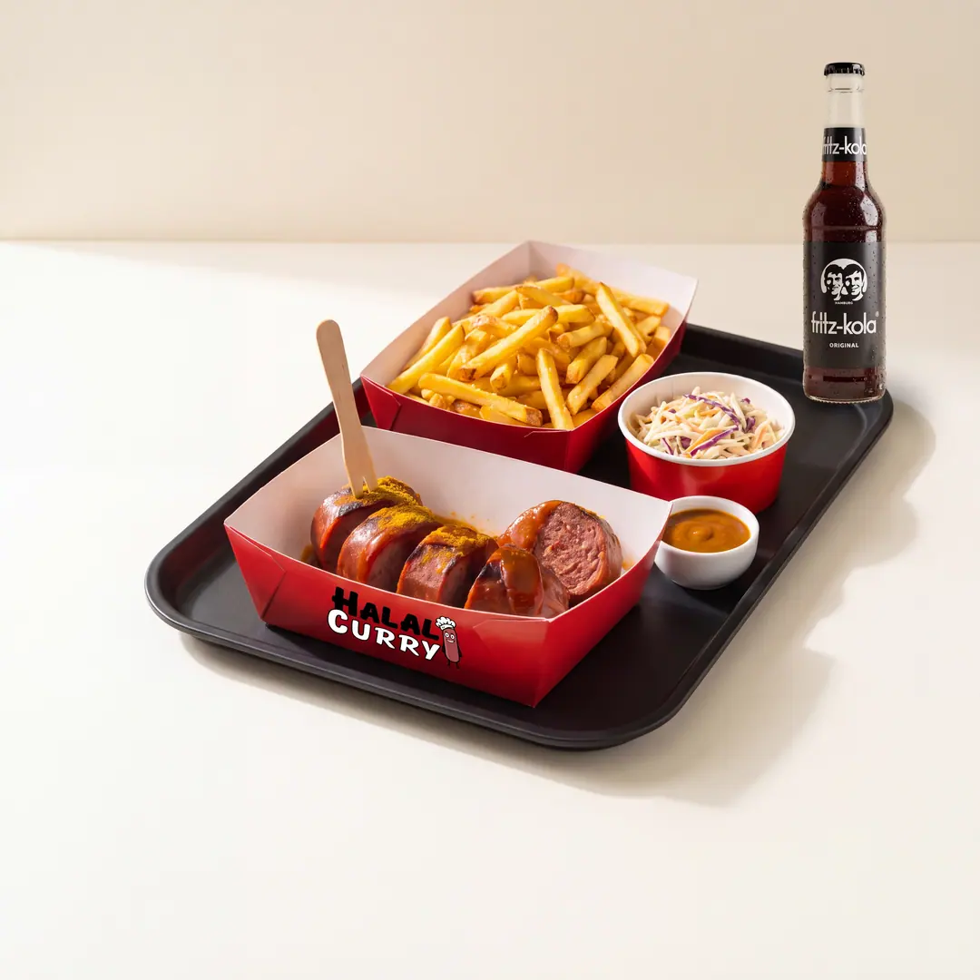 Tablett mit Currywurst, Pommes, Krautsalat, Soße und einer Flasche Kola