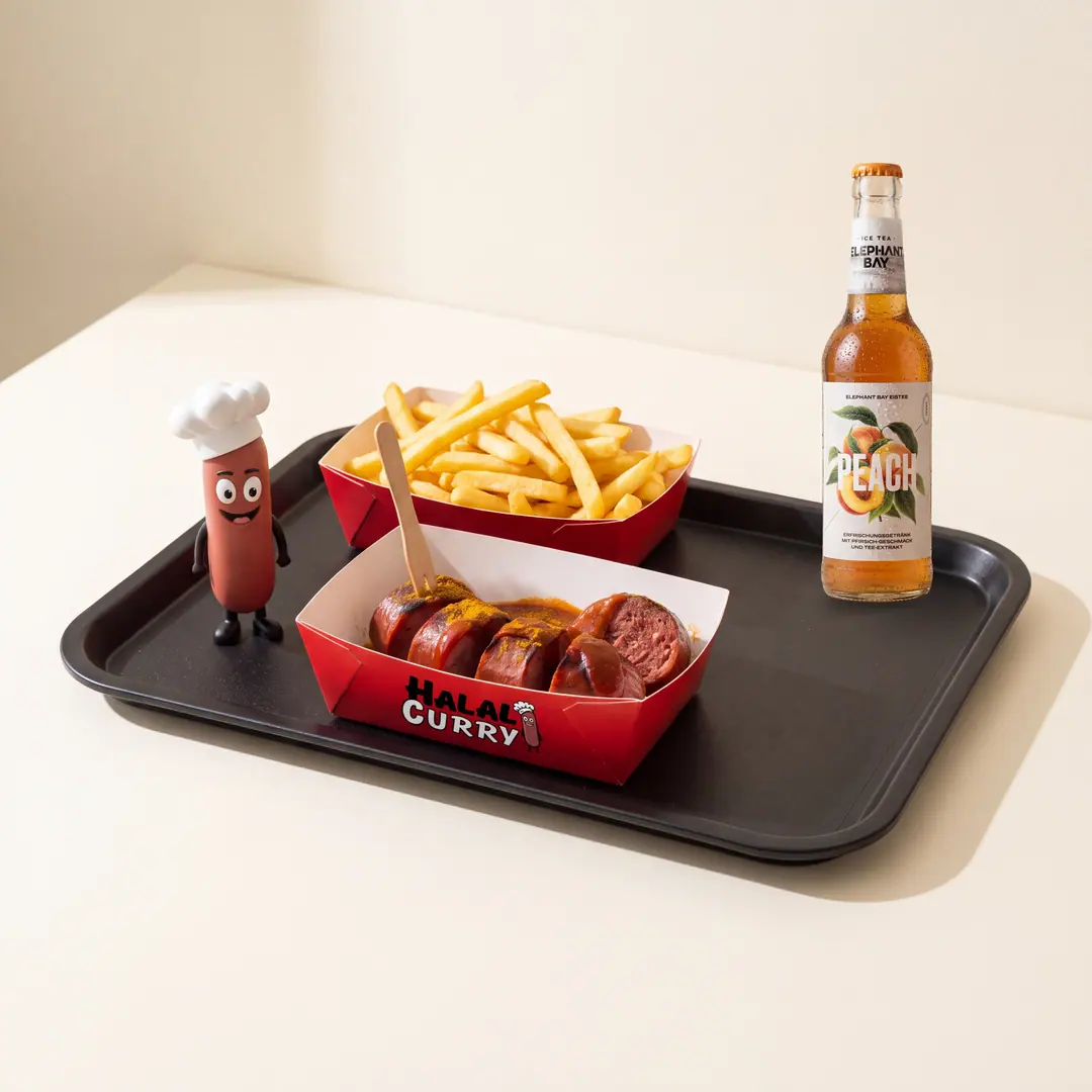 Kleines Tablett mit Currywurst, Pommes, Eistee und Maskottchen-Figur