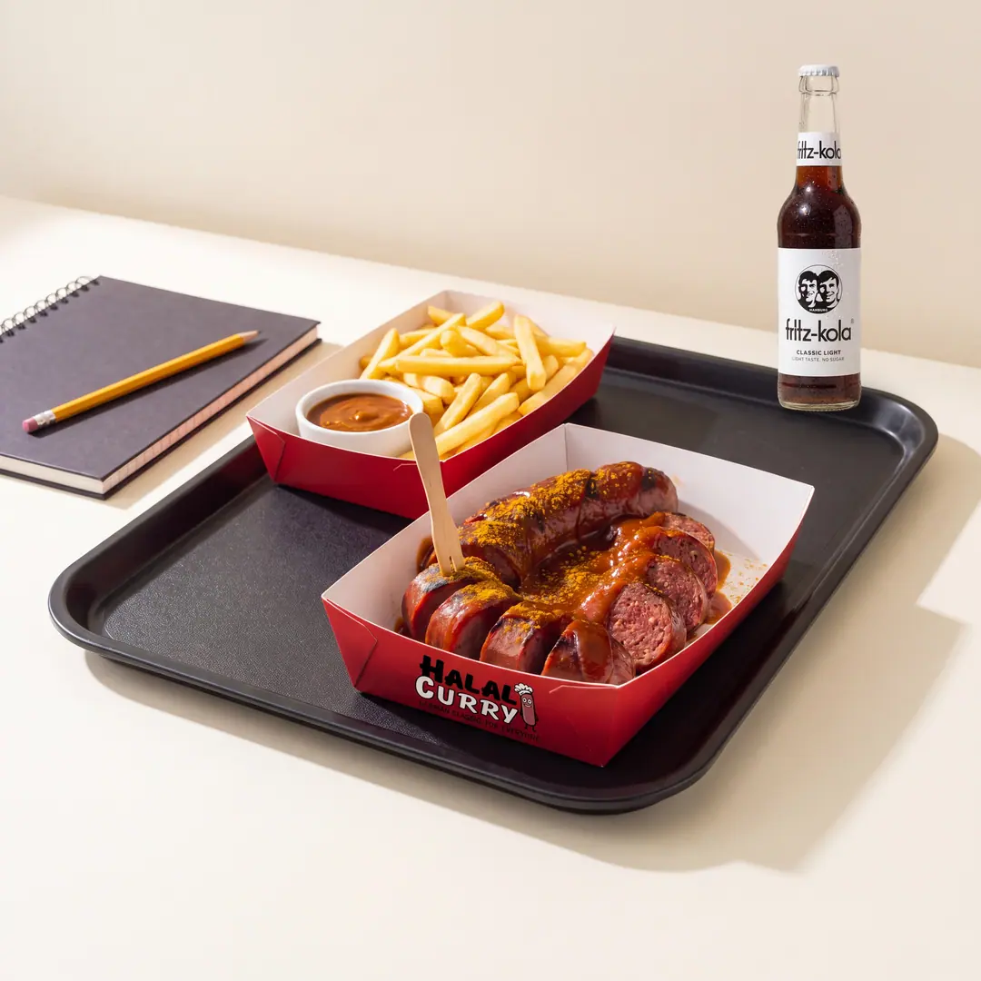 Tablett mit Currywurst, Pommes, Getränk, Block und Stift