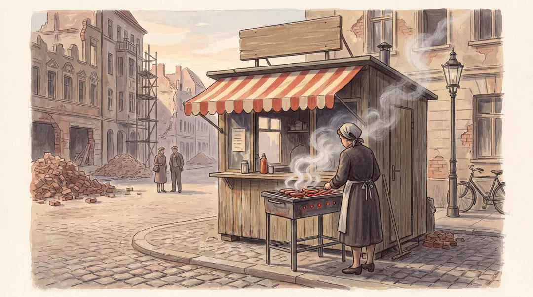 Illustration: Eine Frau brät Würste an einem Imbissstand im Berlin der Nachkriegszeit.