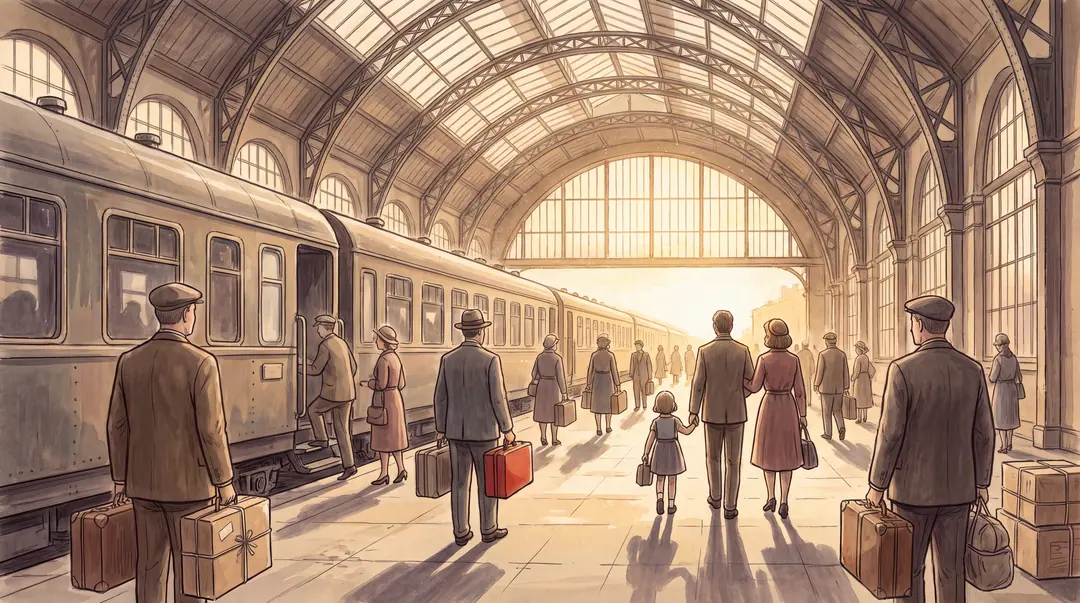 Illustration: Menschen mit Koffern steigen in einer Bahnhofshalle aus dem Zug.