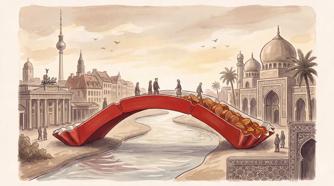 Illustration: Eine Brücke in Form einer Currywurst-Schale verbindet Berlin und Istanbul.
