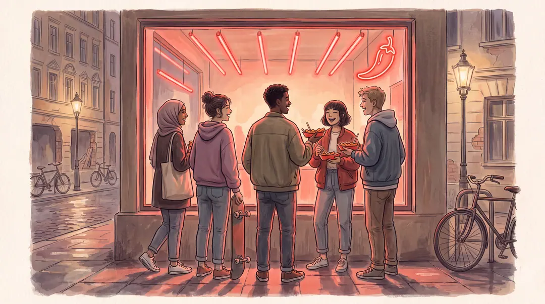 Illustration: Junge Leute essen Currywurst vor einem Laden mit roter Neonbeleuchtung.