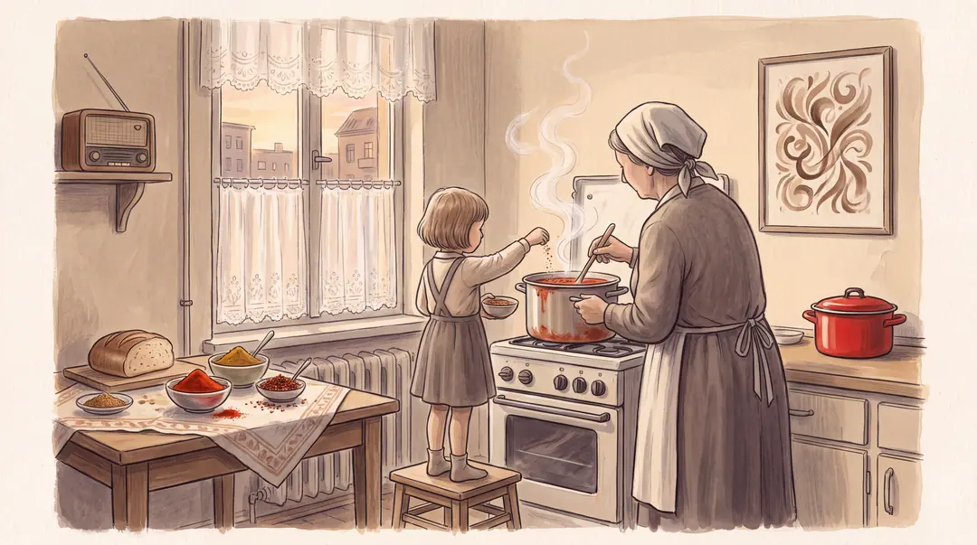 Illustration: Ein Kind hilft seiner Mutter in der Küche beim Kochen.