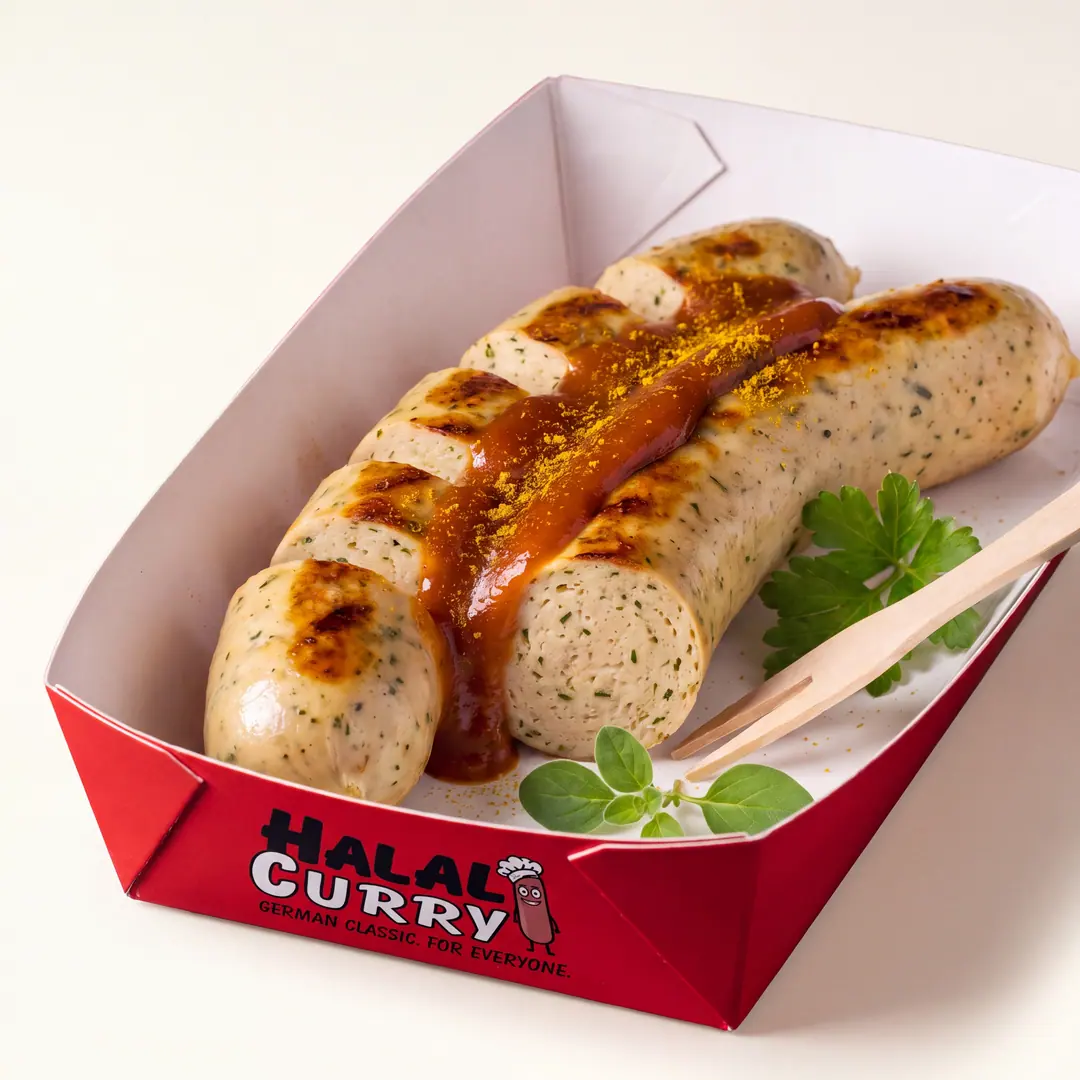 Geschnittene weiße Bratwurst mit Currysoße in der Schale