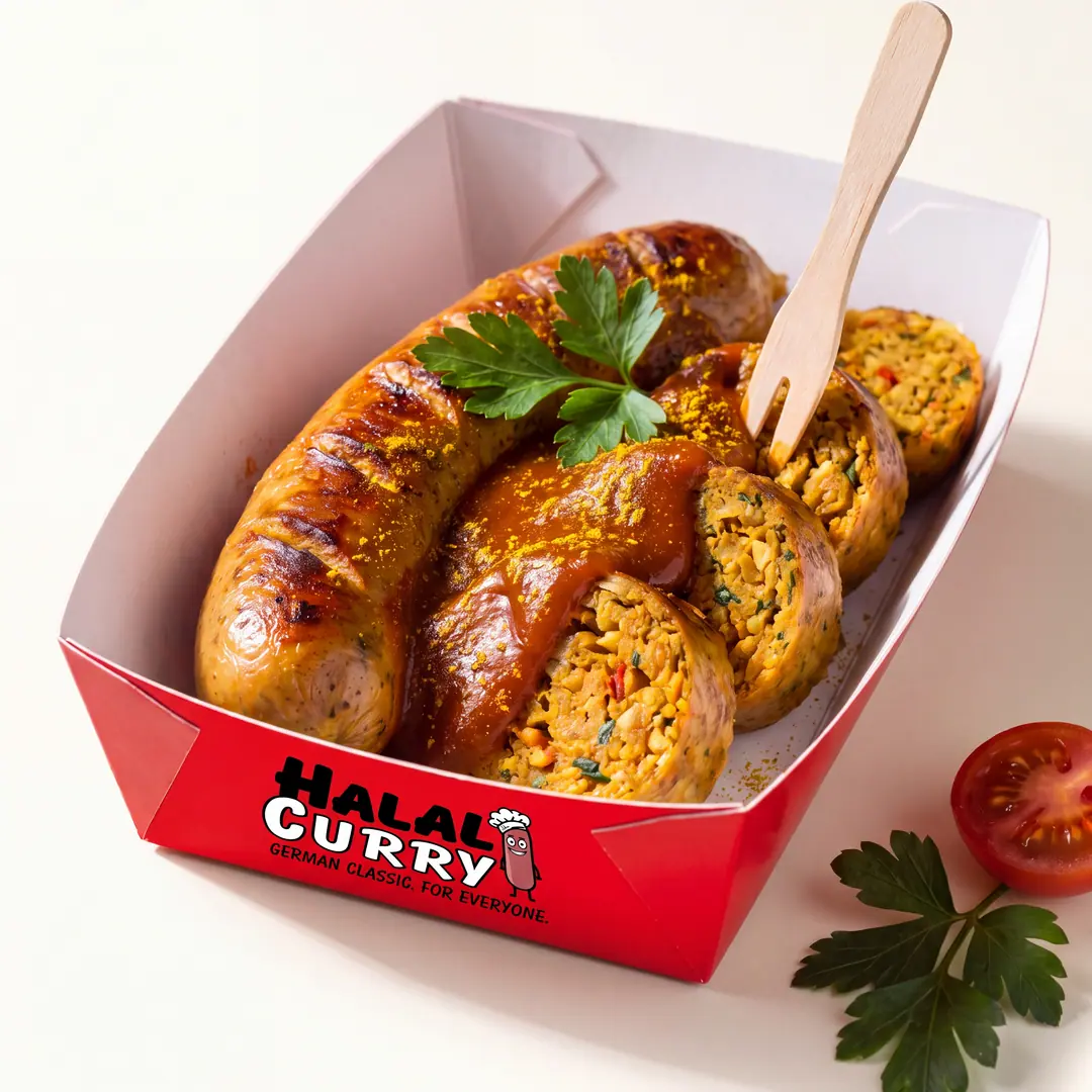 Vegane Wurst mit Currysoße und Petersilie in der Schale