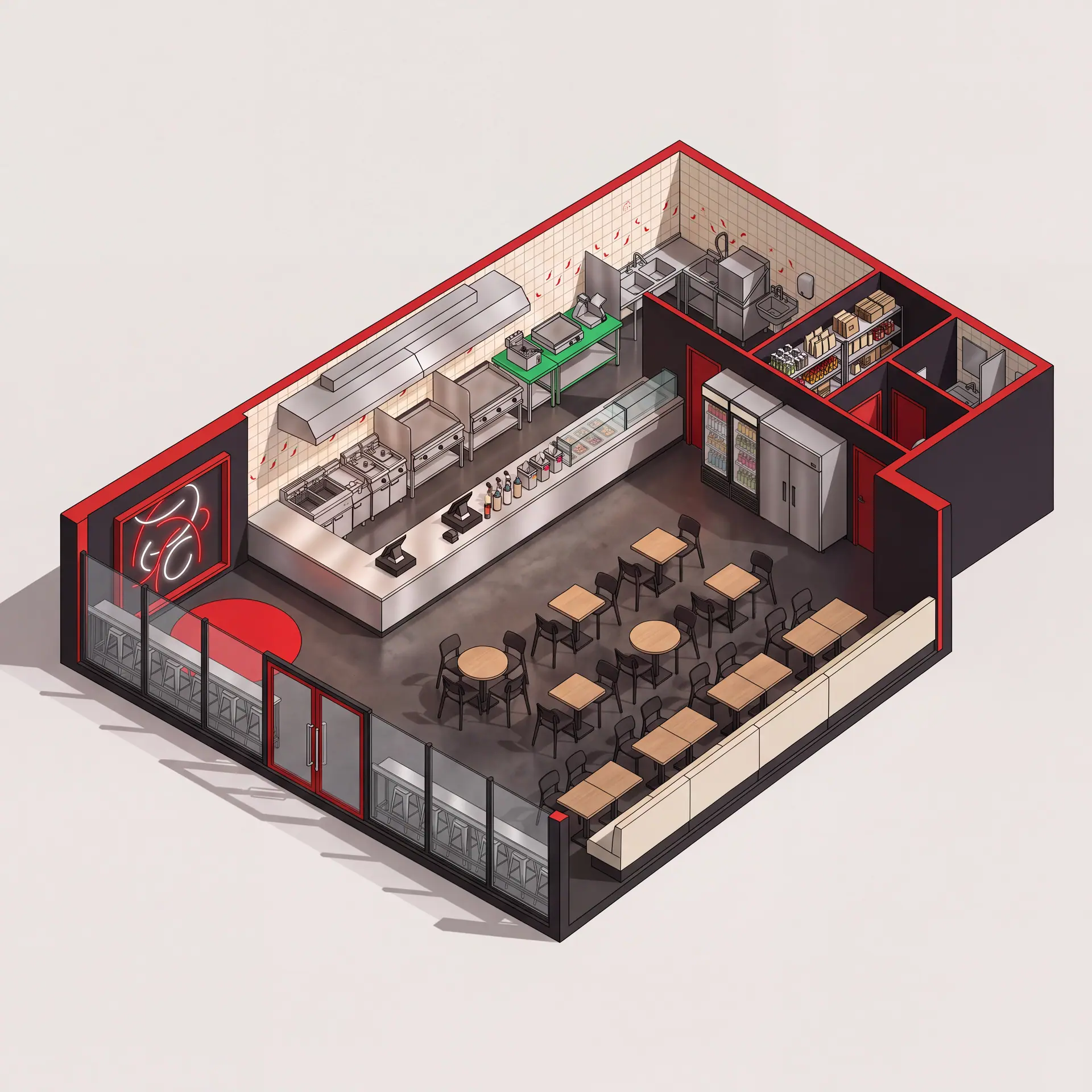 Isometrischer Grundriss Format L, Restaurant, rund 100 Quadratmeter