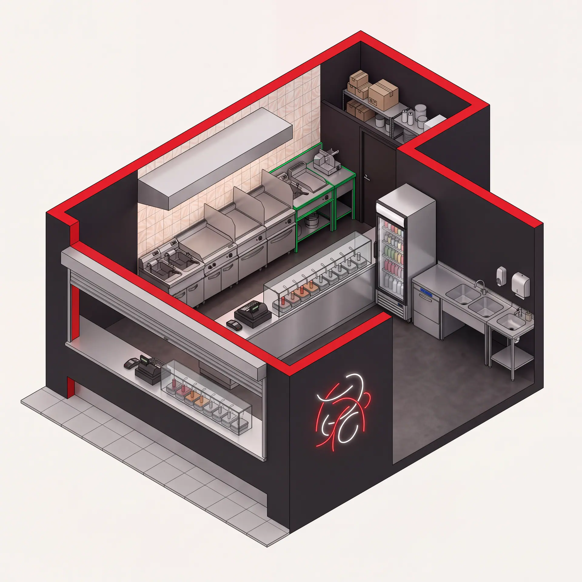 Isometrischer Grundriss Format S, Kiosk und Counter, rund 30 Quadratmeter