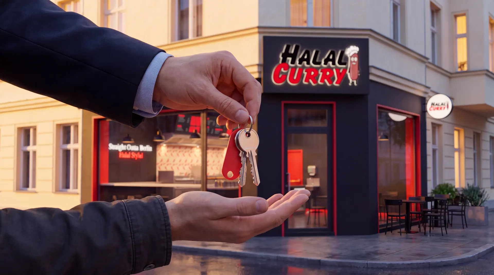 Schlüsselübergabe vor einem Halal-Curry-Laden