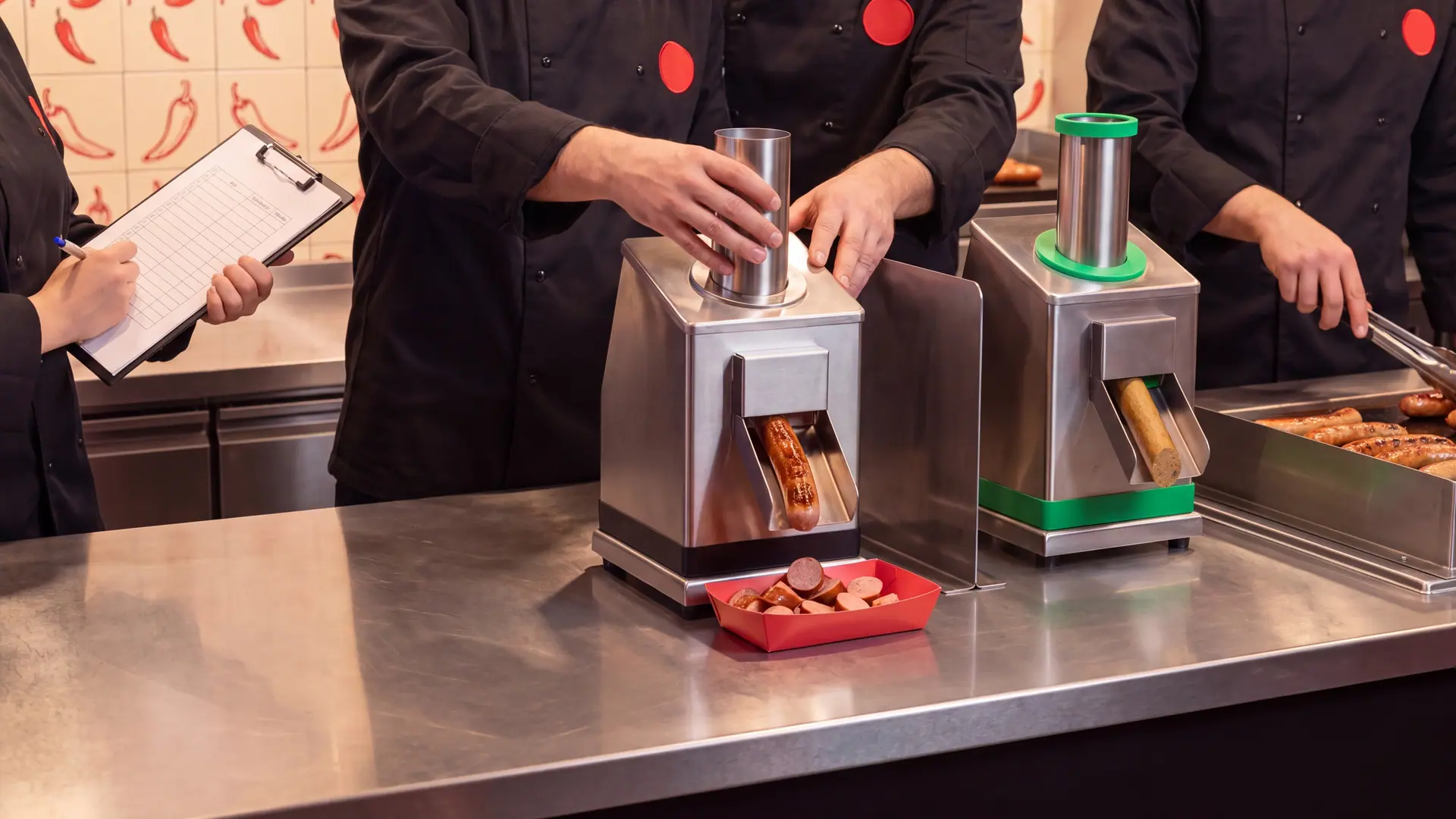 Schulung im Laden: zwei Personen arbeiten an den Currywurst-Schneidern
