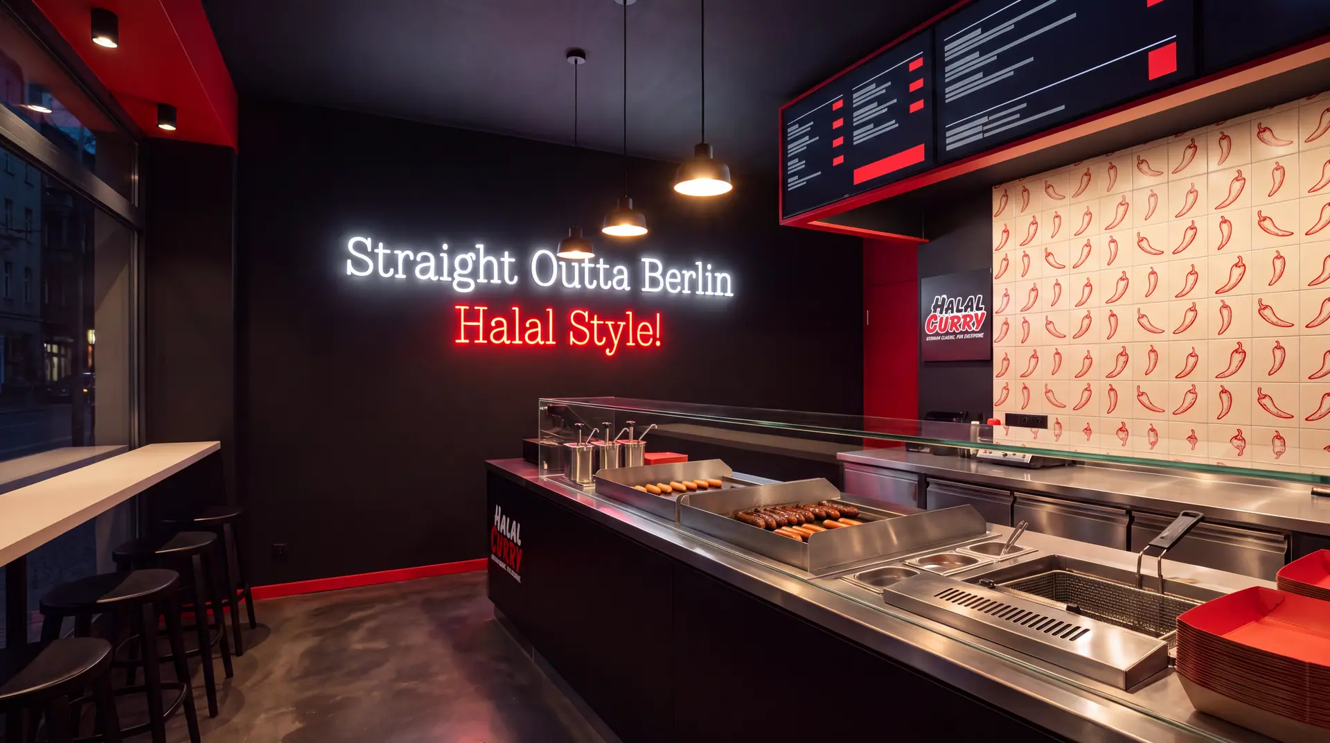 Innenansicht eines Halal-Curry-Ladens bei Nacht mit Theke, Grill und Neon-Schriftzug