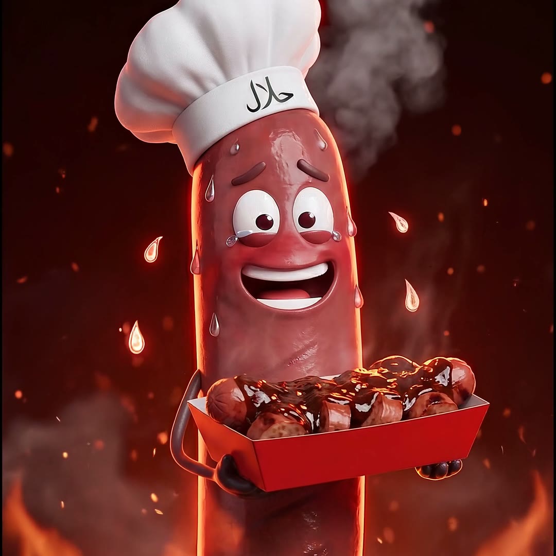 Das Halal-Curry-Maskottchen schwitzt mit einer Schale Currywurst inmitten von Flammen.