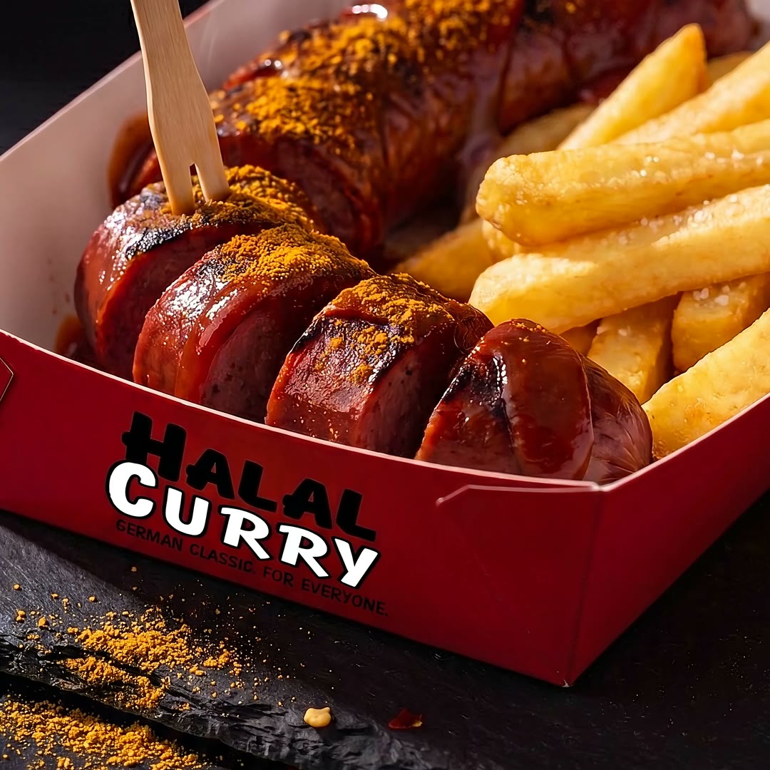 Currywurst mit Currypulver und Pommes in der roten Halal-Curry-Schale